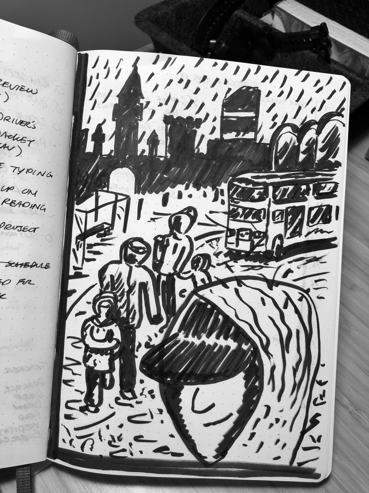 Standing in the rain waiting for a bus. Illustration.