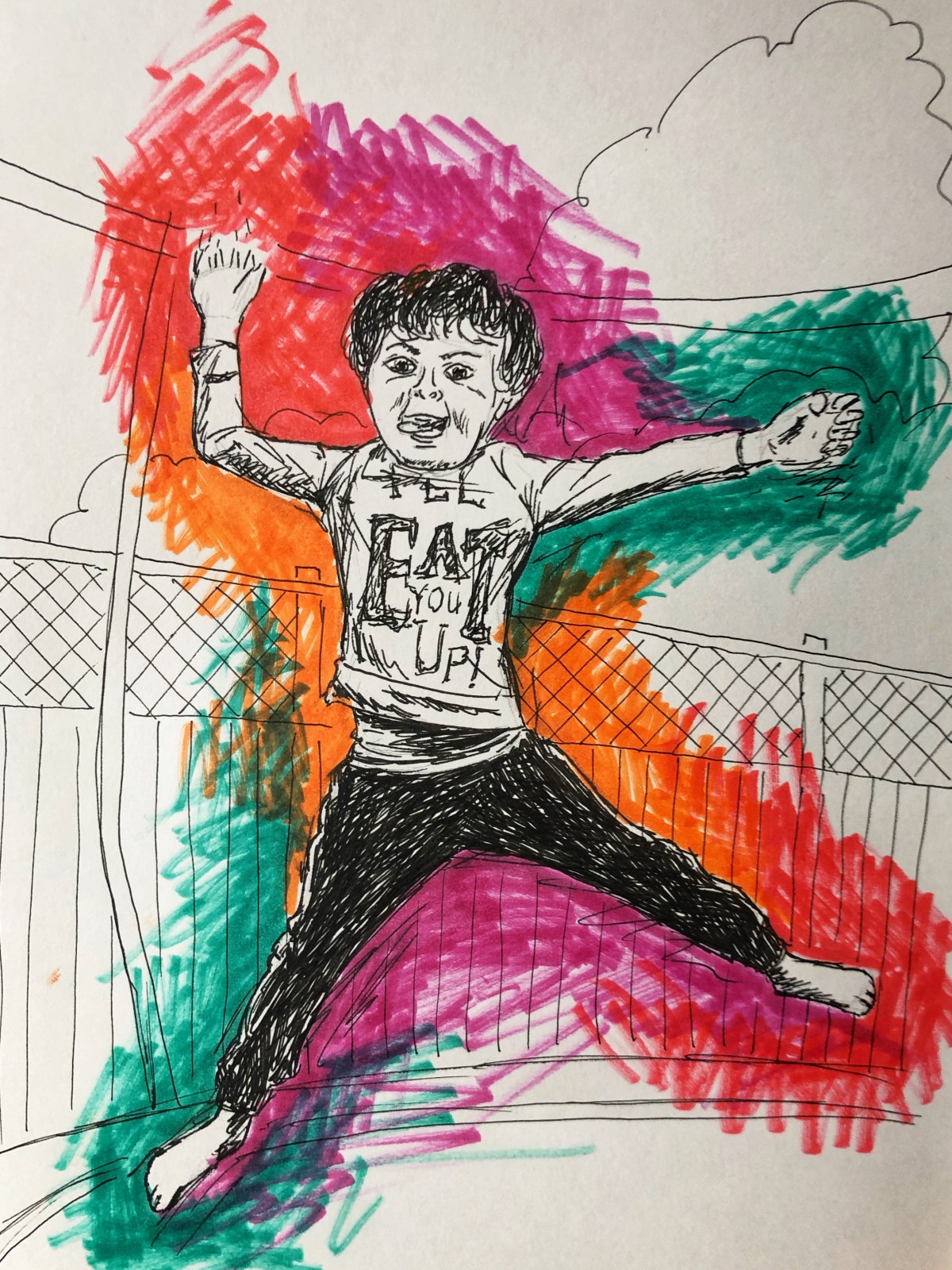 Illustration of boy jumping on trampoline with tongue out.