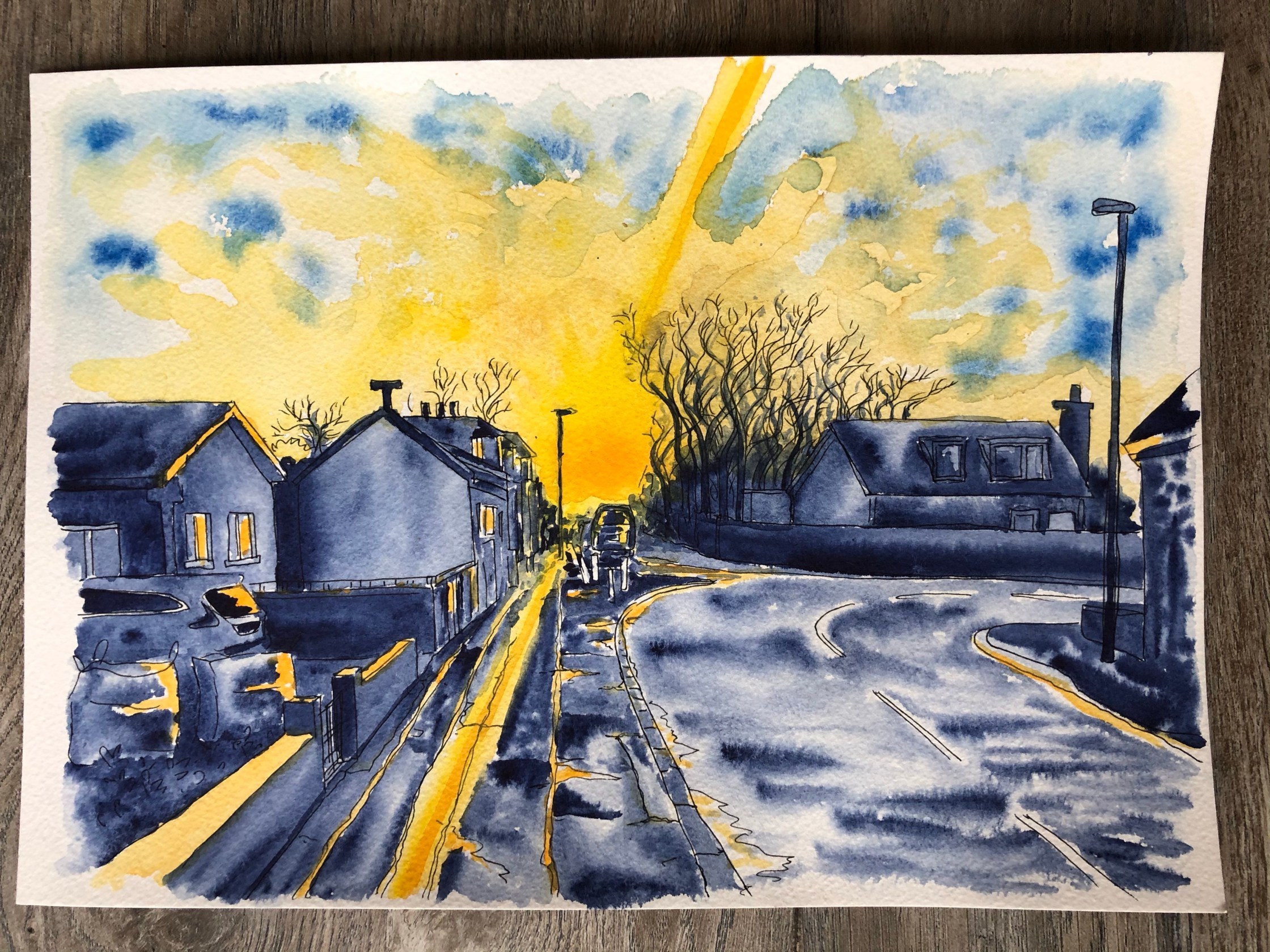 Watercolor painting of Main St in Chryston Scotland in blue and yellow.