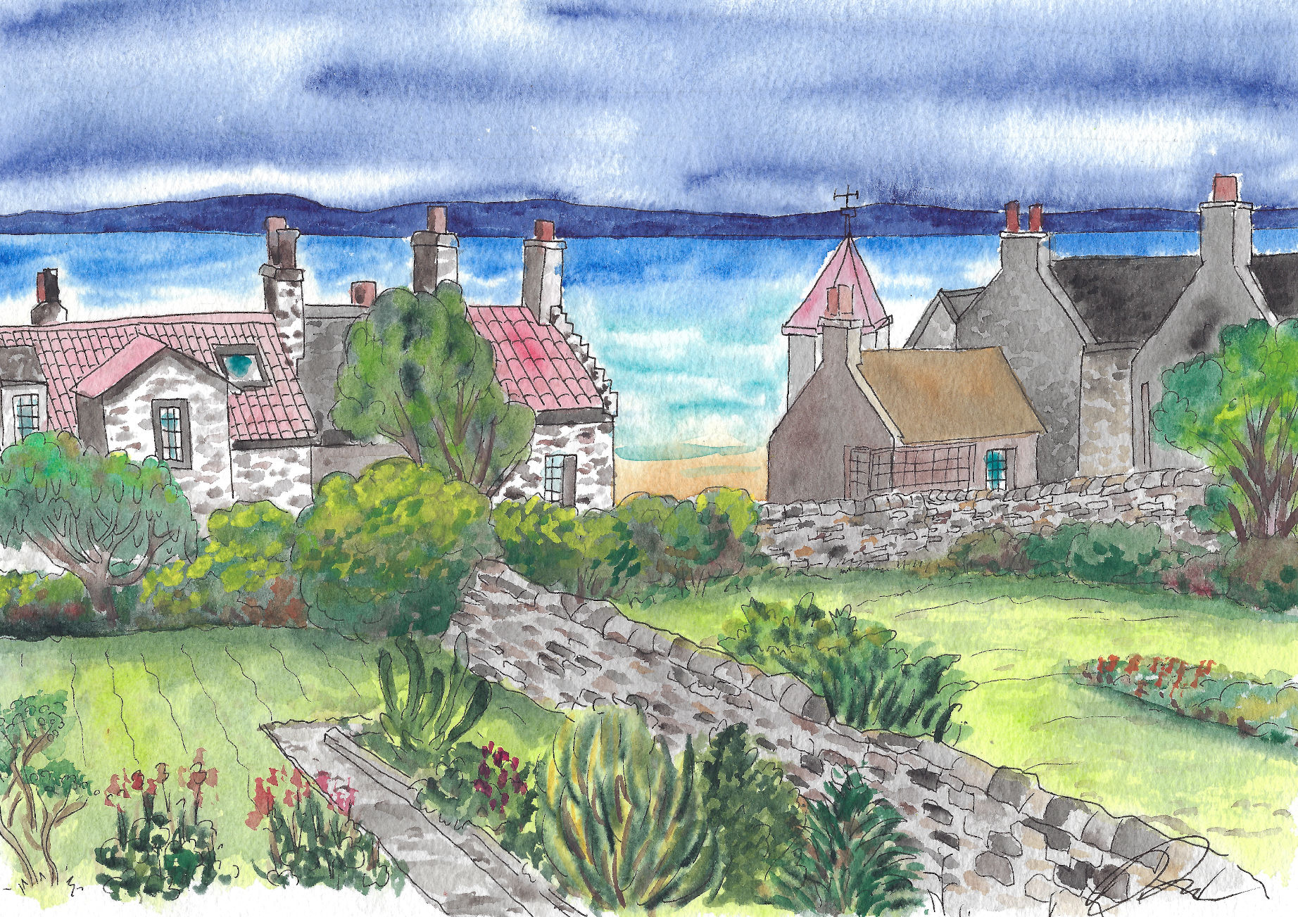 Watercolor painting of a back garden in Elie, Scotland