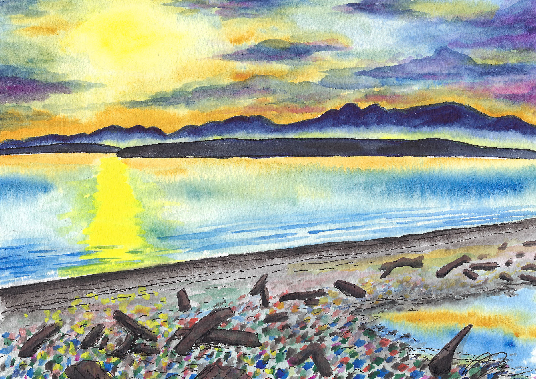 Watercolor painting of Whidbey Island in Washington State