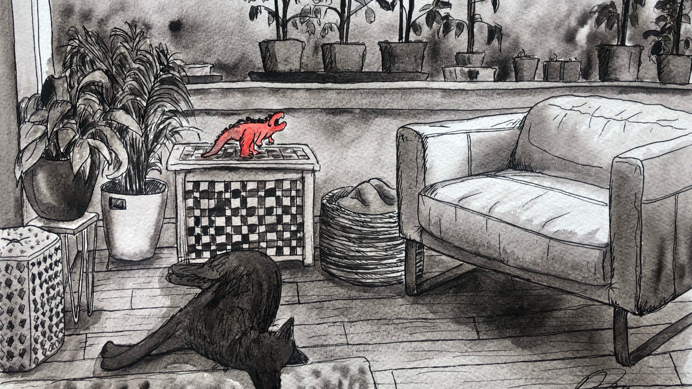 Illustration of living room with tomato plants and dog.