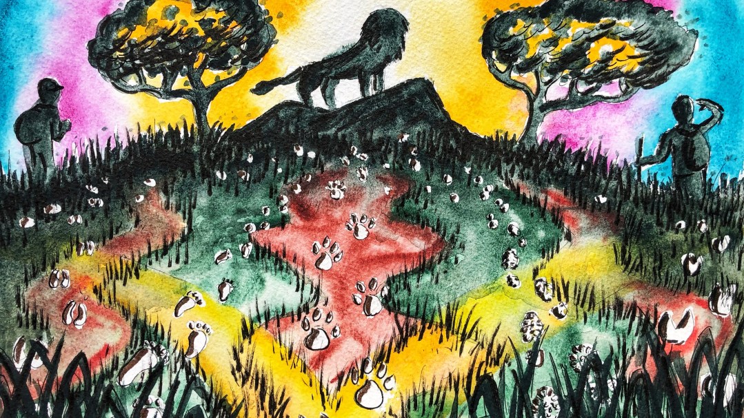 Watercolor painting of a lion and trackers.