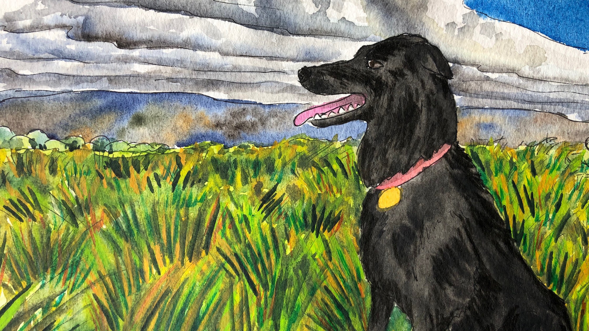 Watercolor painting of Rubee in a field.
