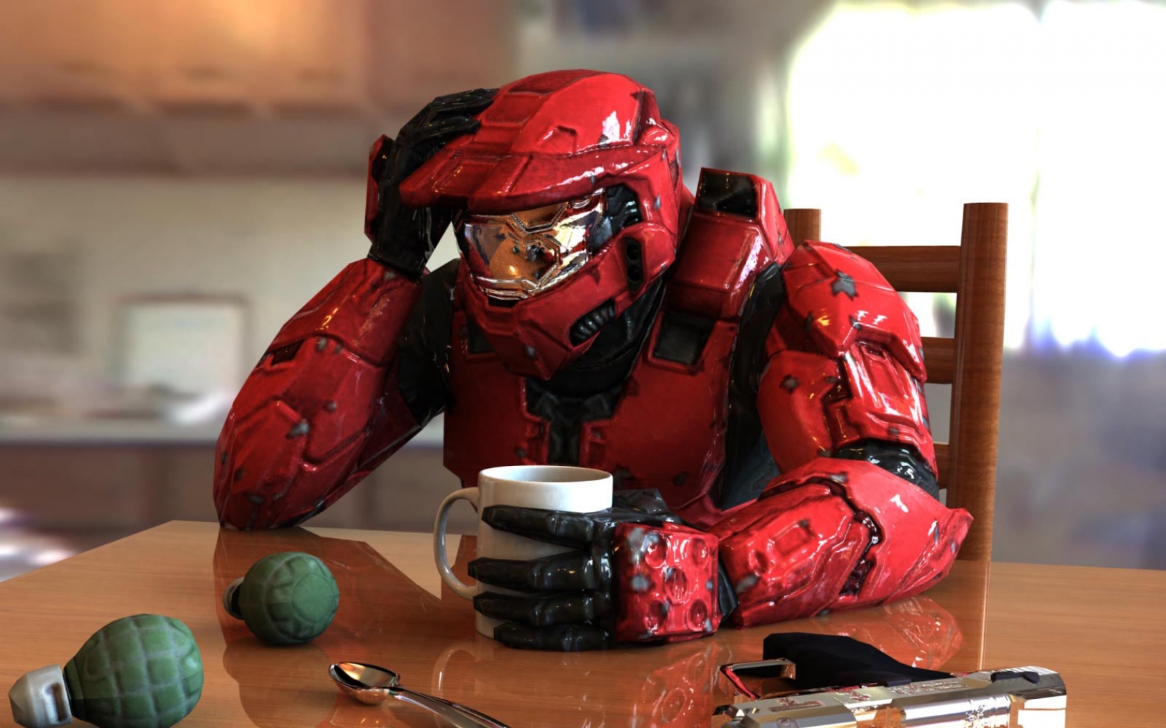 Master chief sitting at a table.