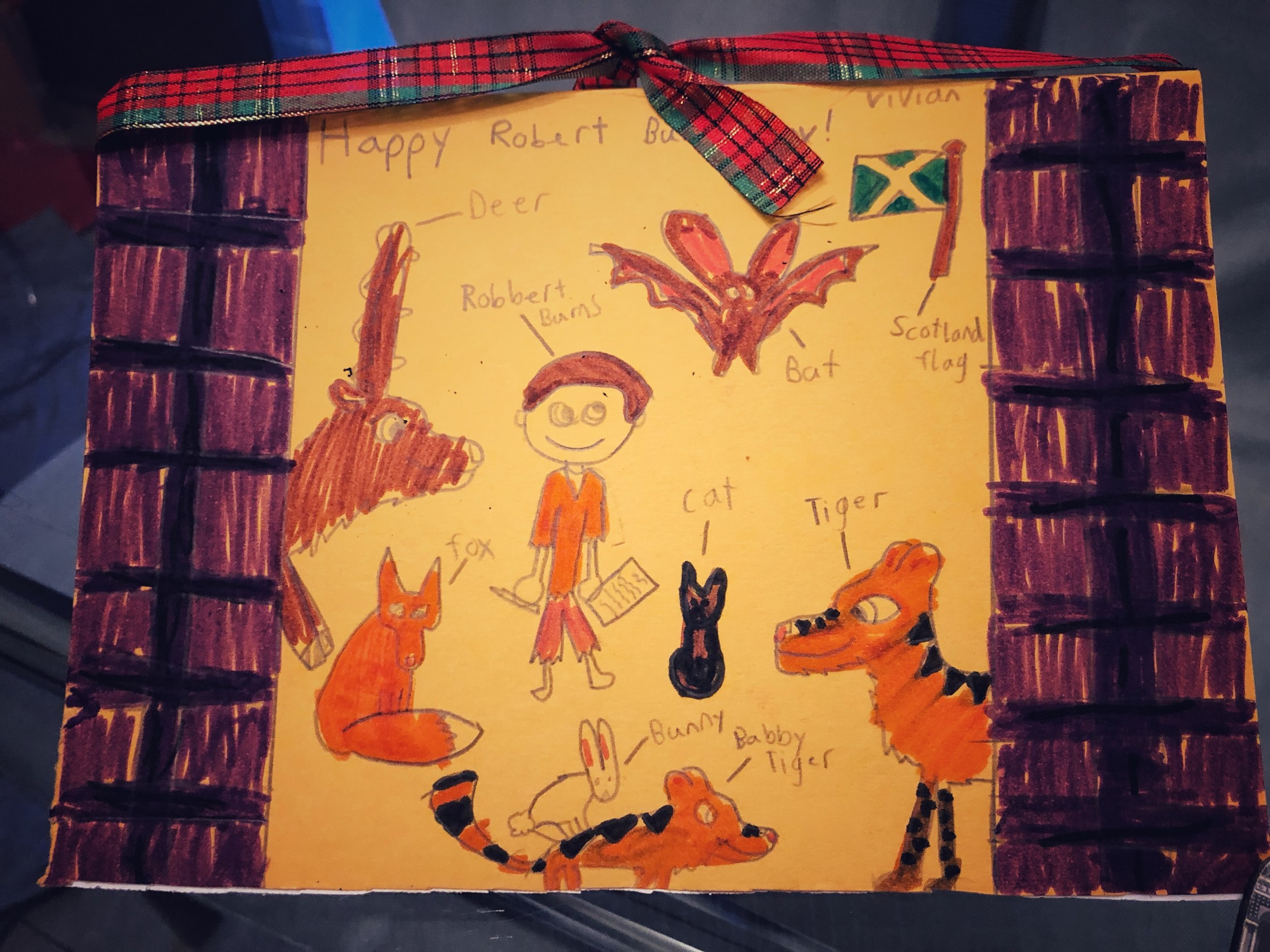 Card with drawings of Robert Burns and animals