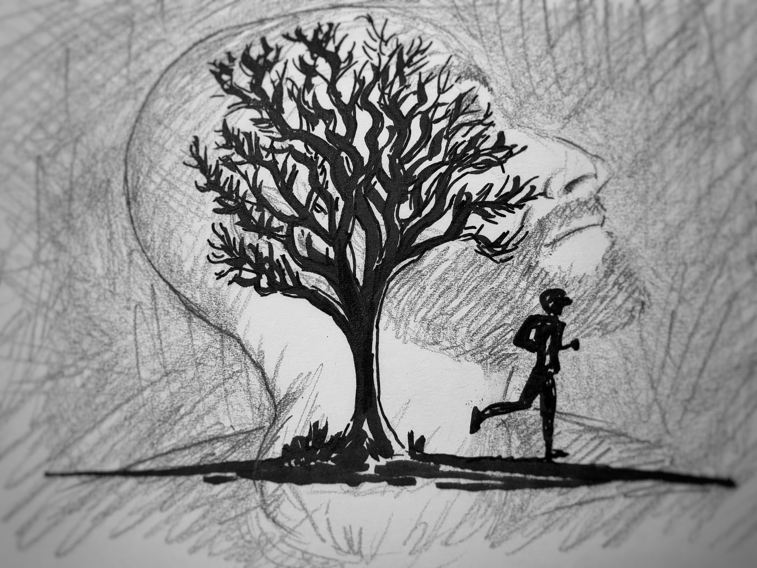 Pencil and pen drawing of a silhouette of a runner passing a tree.