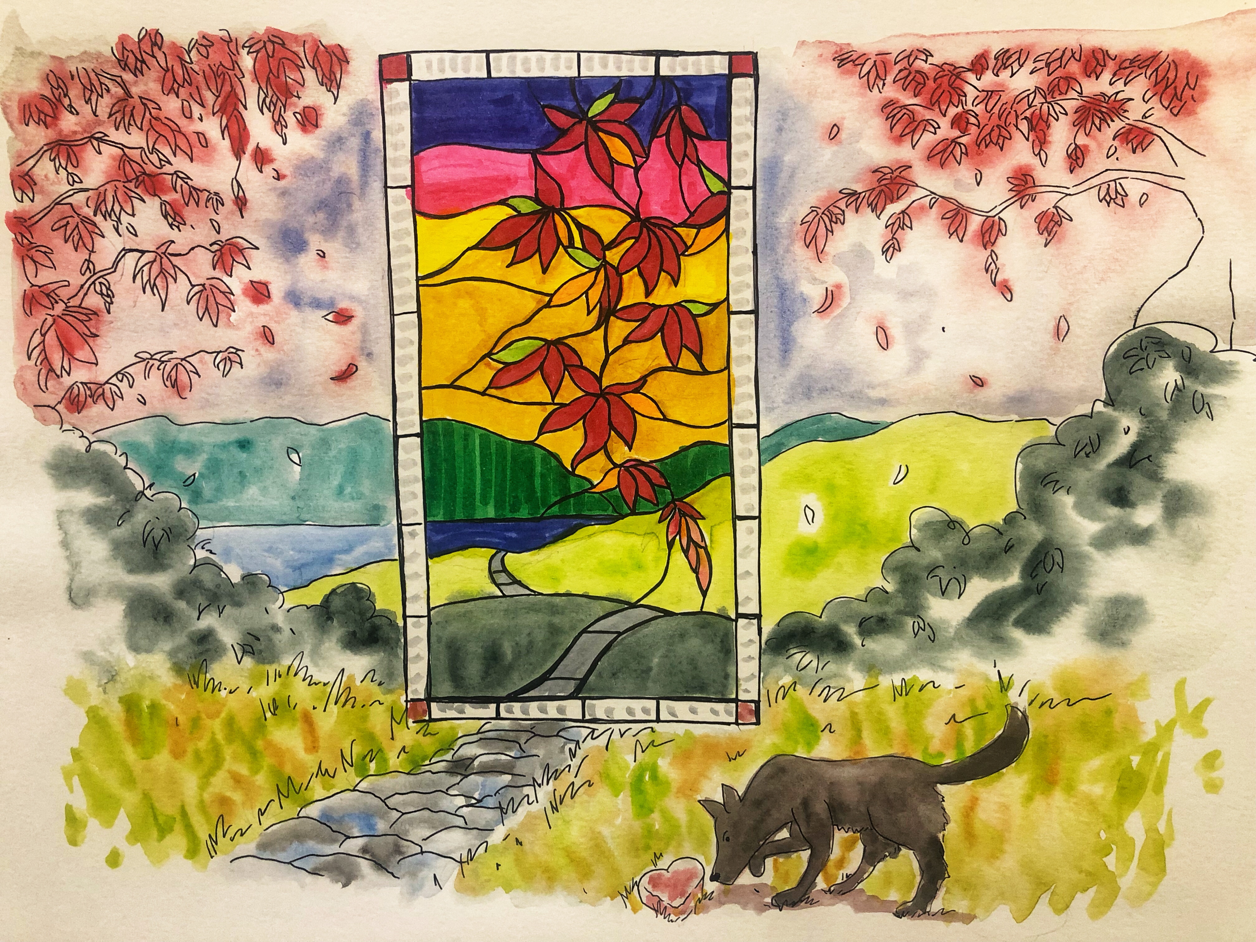 Illustration of a stained glass window blending into nature.