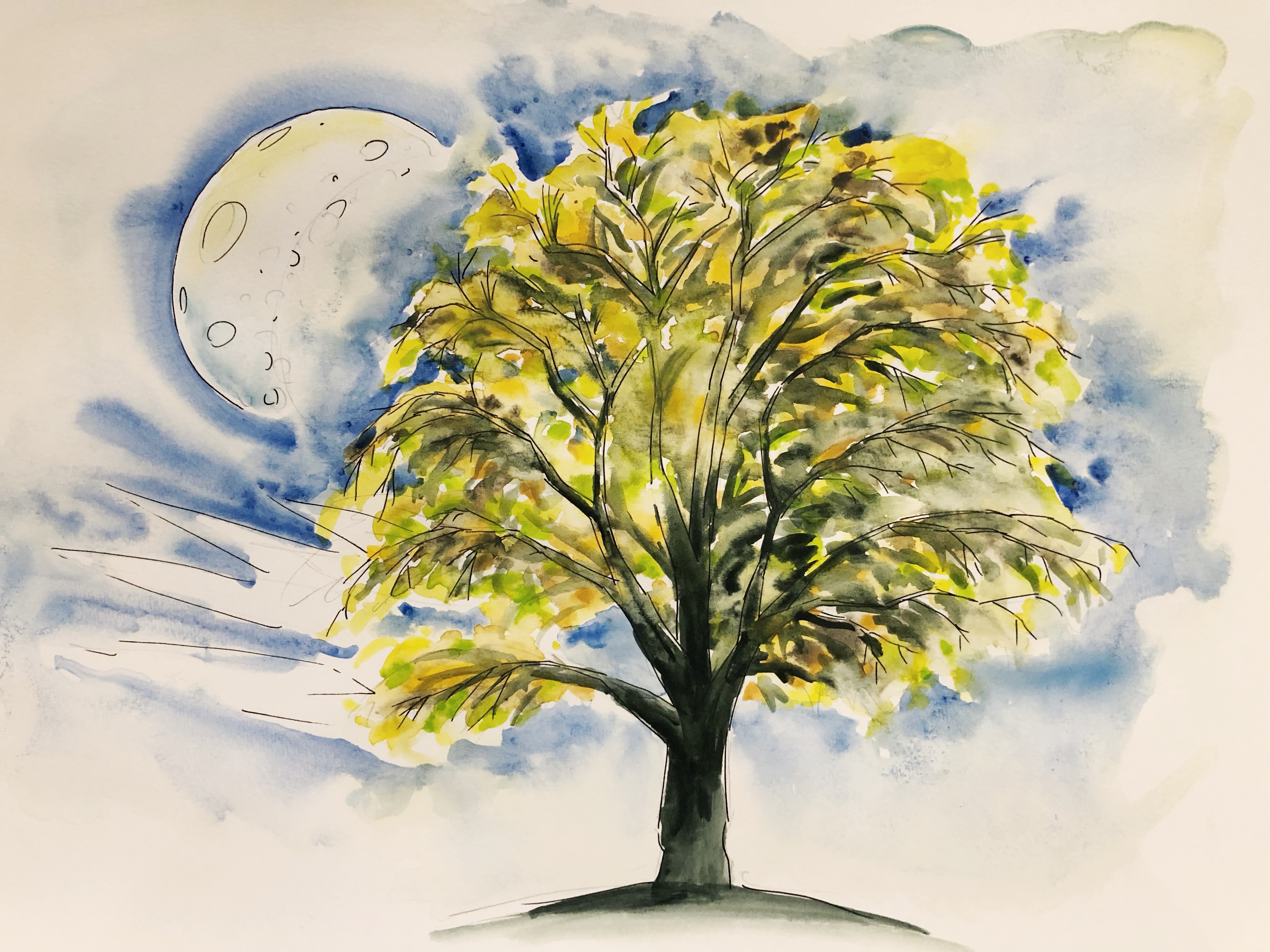 Illustration of a tree with a moon behind it.
