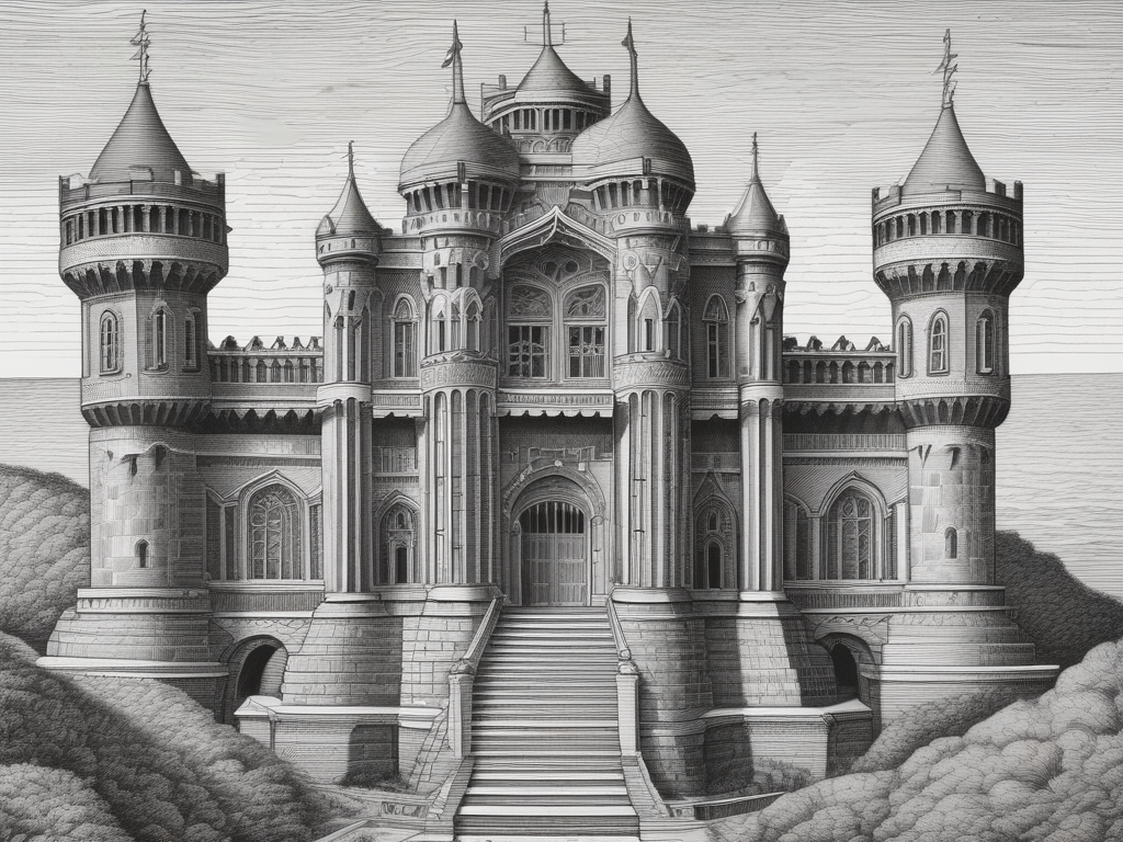 a drawing of a castle with three pillars with a